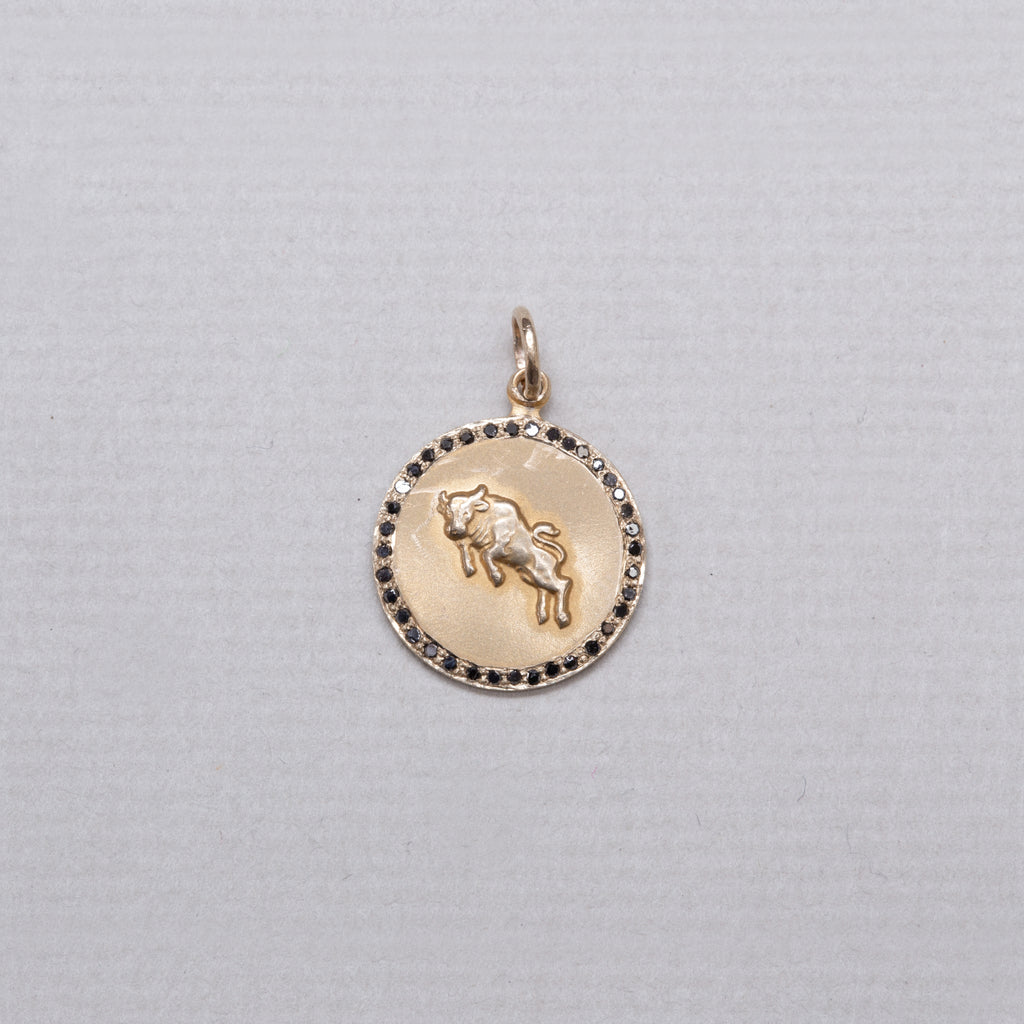 Gold Taurus Pendant Charm with Black Diamond