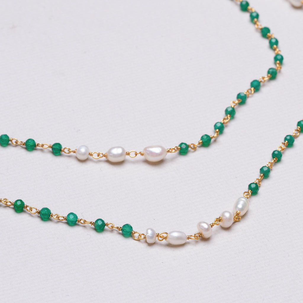 Extra Long Gold Chain Necklace with Pearl and Green Onyx