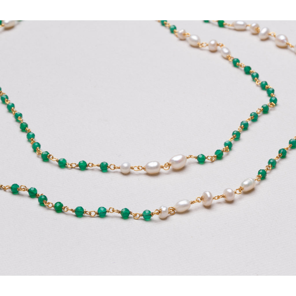 Extra Long Gold Chain Necklace with Pearl and Green Onyx