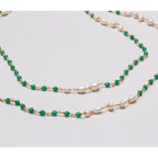 Extra Long Gold Chain Necklace with Pearl and Green Onyx