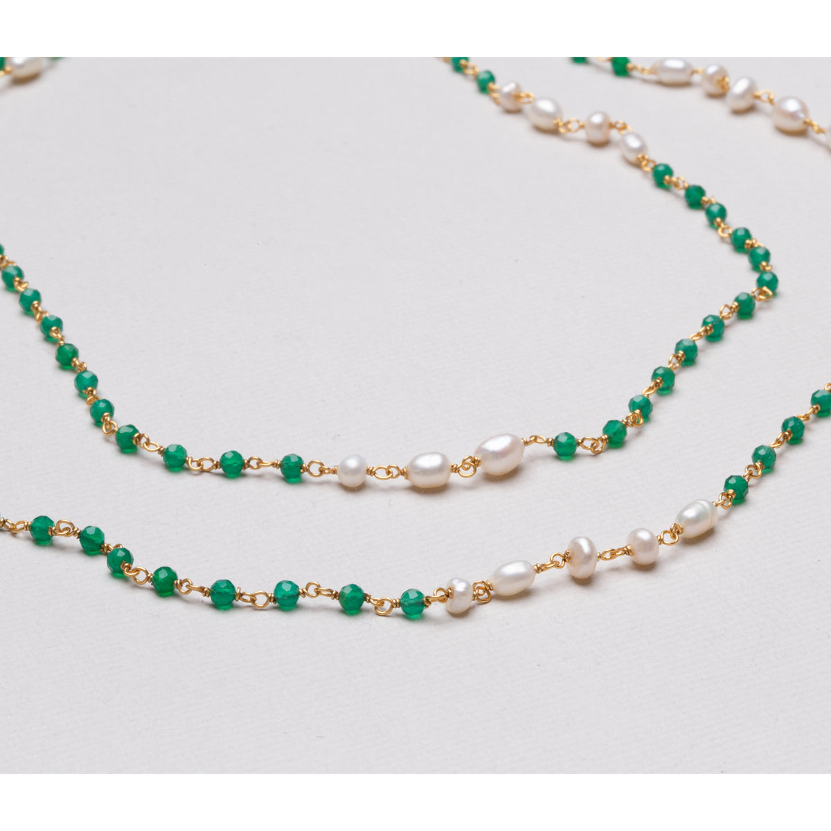 Extra Long Gold Chain Necklace with Pearl and Green Onyx