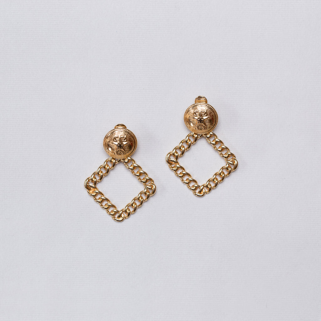 Vintage Gold Chain Square Drop Clip-on Earrings