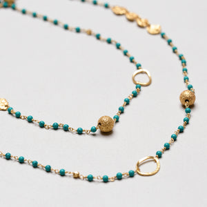 Long Gold Chain Necklace with Green Turquoise Beads