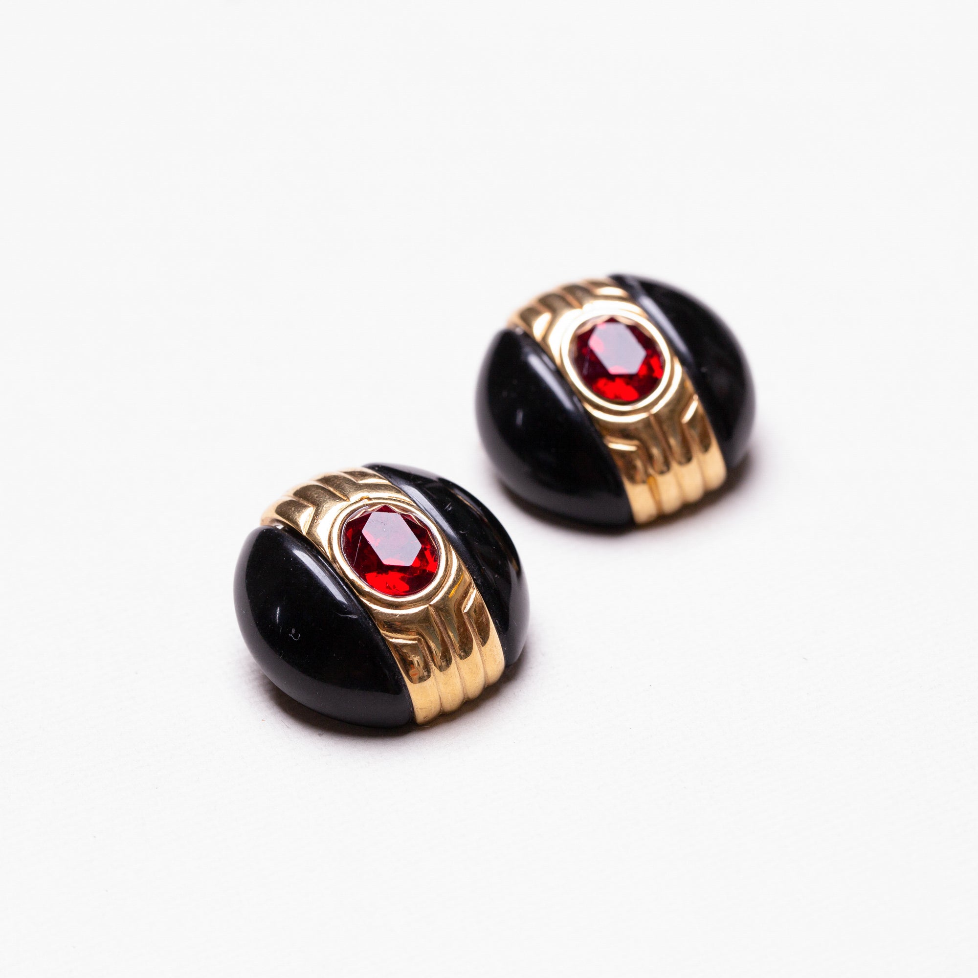 Vintage Black Enamel and Red Stone Earrings