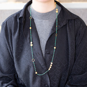 Long Gold Chain Necklace with Green Turquoise Beads