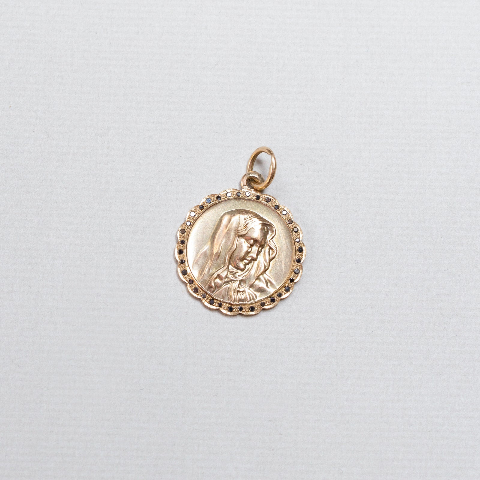 Vintage Gold Madonna Pendant with Black Diamonds