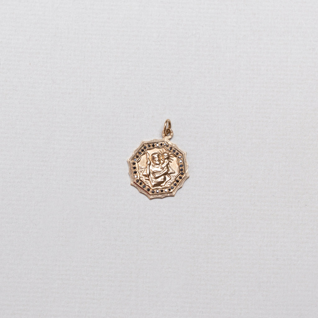 Vintage Octagonal Gold St. Christopher Pendant with Black Diamonds