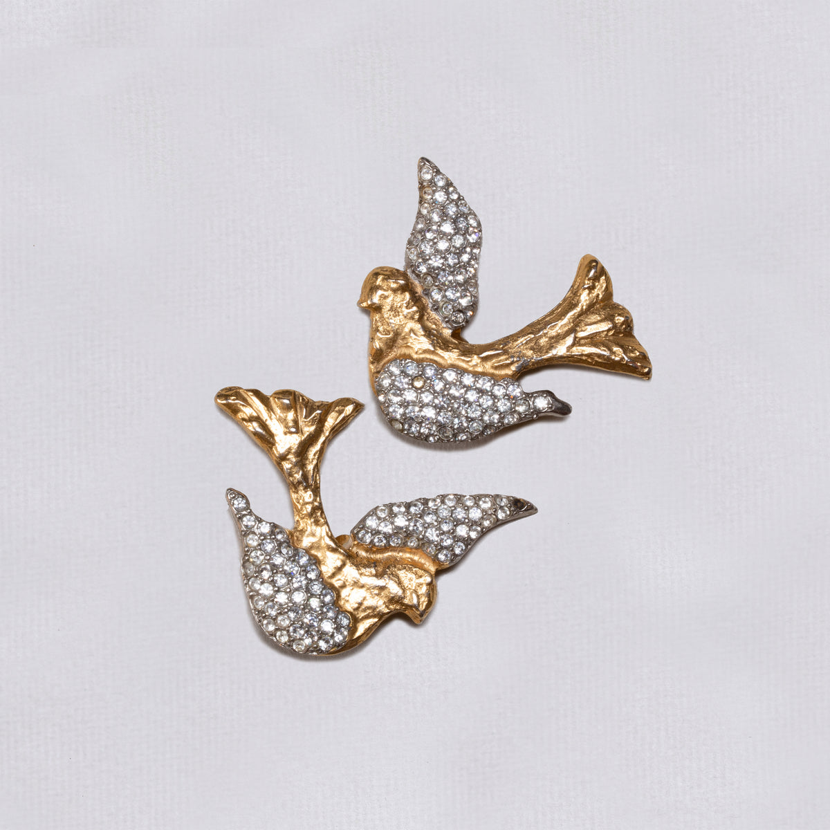 Vintage Pair of Gold Birds Brooches with Rhinestones