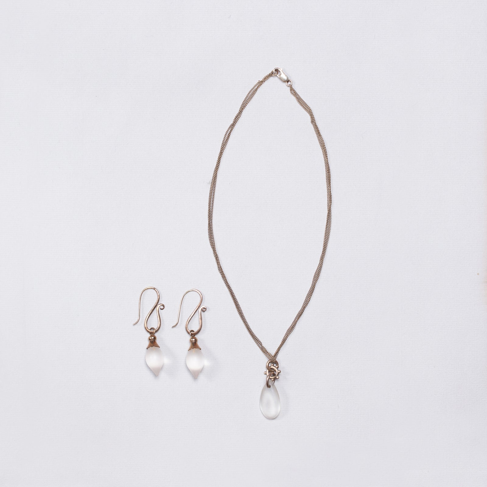 Set of Silver Necklace and Earrings with Frosted Glass