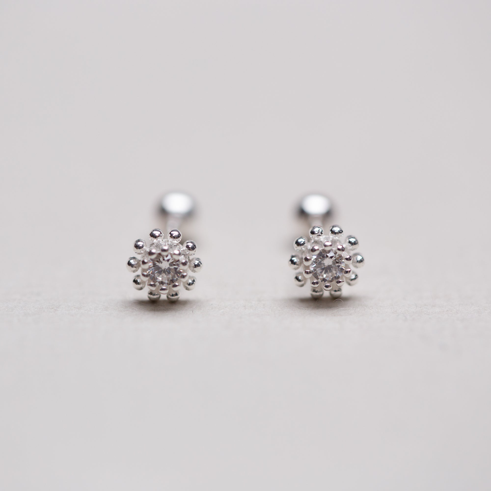 Silver Bead Flower Stud Cartilage Earrings with Cubic Zirconia