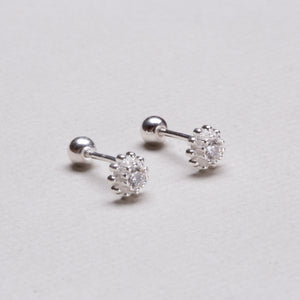 Silver Bead Flower Stud Cartilage Earrings with Cubic Zirconia