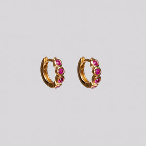 Gold Huggie Earrings with Ruby Pink Stone