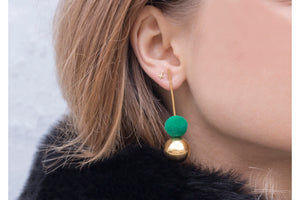 Drop Earrings with Gold Orb and Green Pompom