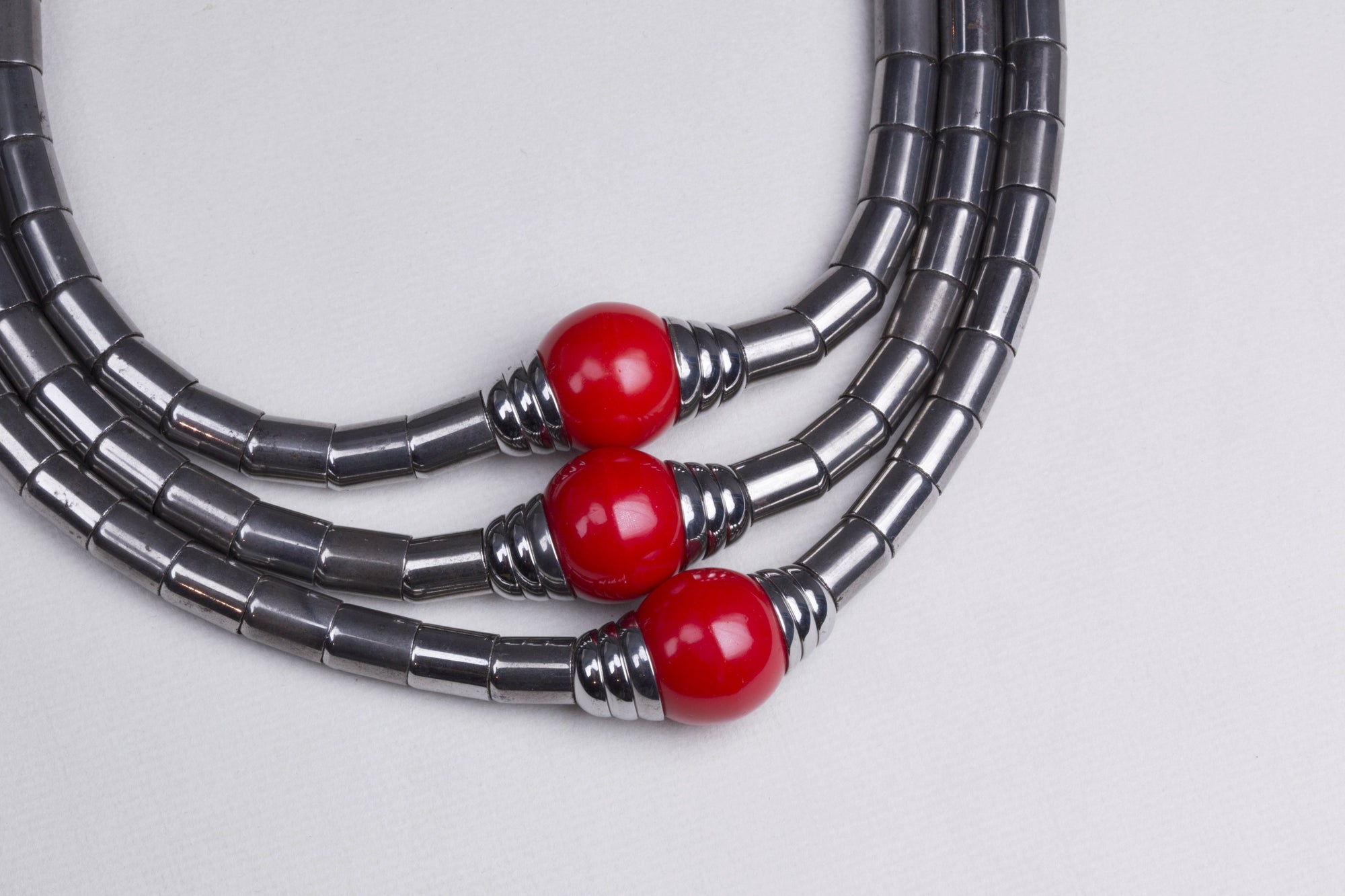 Vintage Chrome and Red Beads Art Deco Necklace