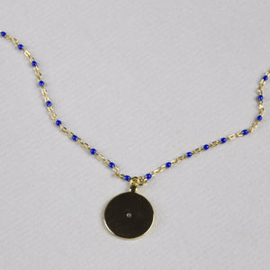Coin Pendant Necklace with Gold Chain and Blue Beads
