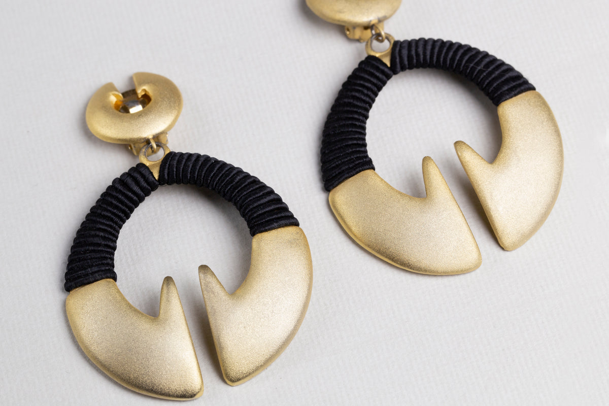 Vintage Matt Gold Earrings with Black Woven Threads