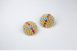 Vintage Gold Clip-on Earrings with Red Rhinestones and Blue Beads
