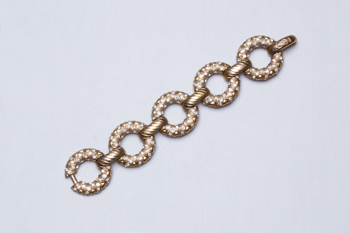 Vintage YSL Gold Link Bracelet with Rhinestone