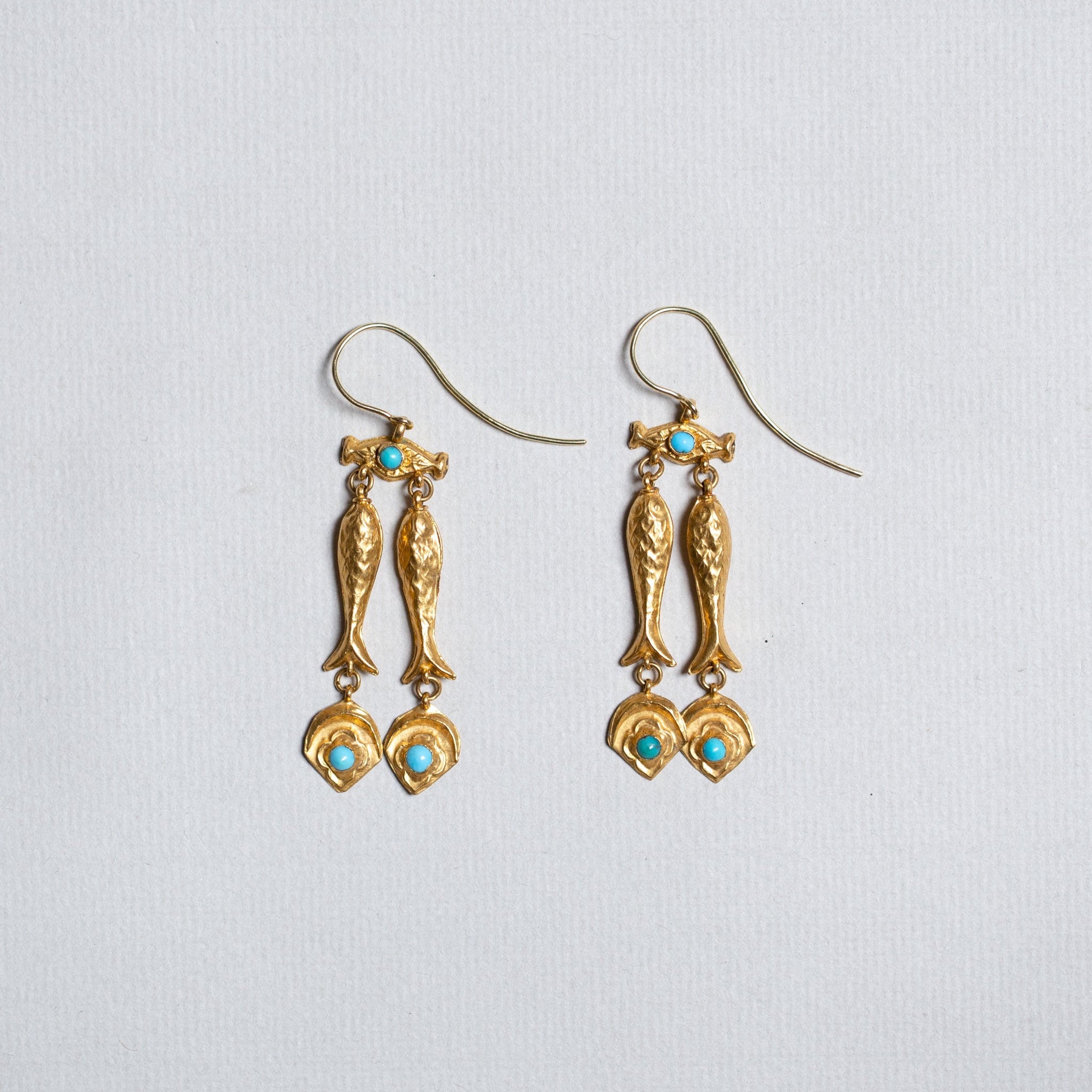 22ct Gold and Turquoise Fish Drop Earrings felt - Main Image