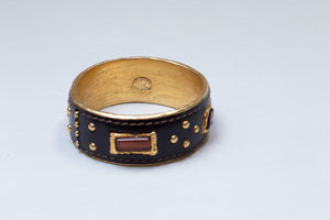 Set of Vintage Leather and Gold Cuff Bracelet and Earrings