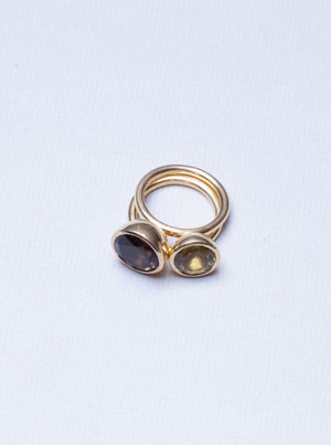 Stackable Gold Ring with Smoky Quartz and Green Amethyst