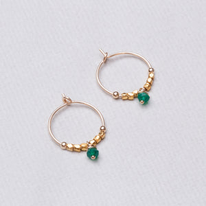 Gold Hoops with Green Onyx and Metal Beads
