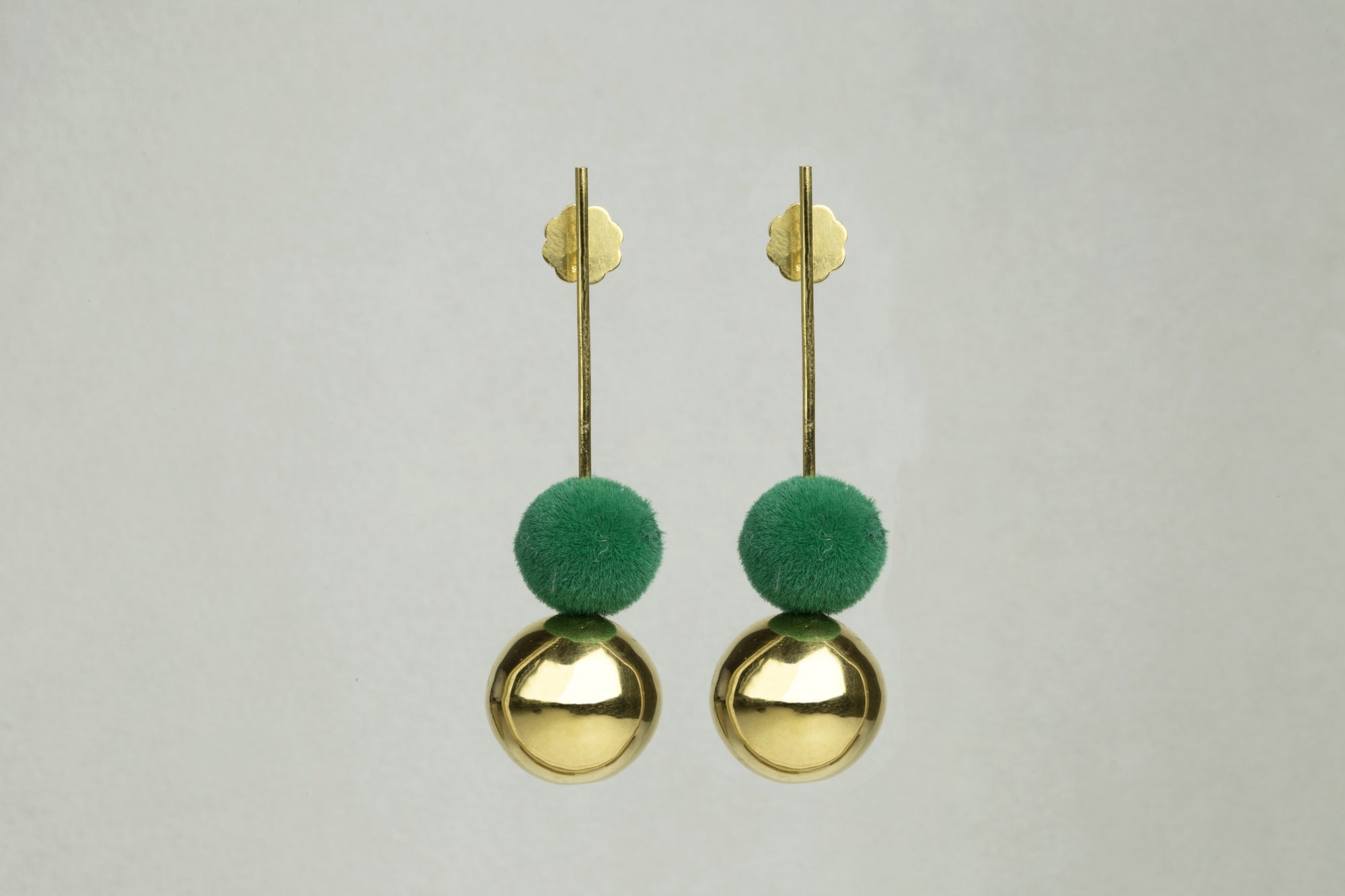 Drop Earrings with Gold Orb and Green Pompom