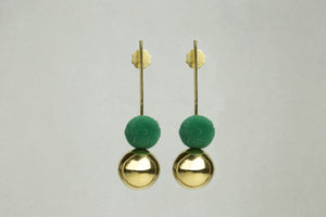 Drop Earrings with Gold Orb and Green Pompom by Mara Irsara