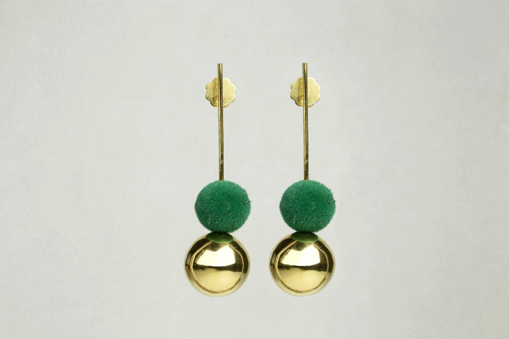 Drop Earrings with Gold Orb and Green Pompom by the same designer also available