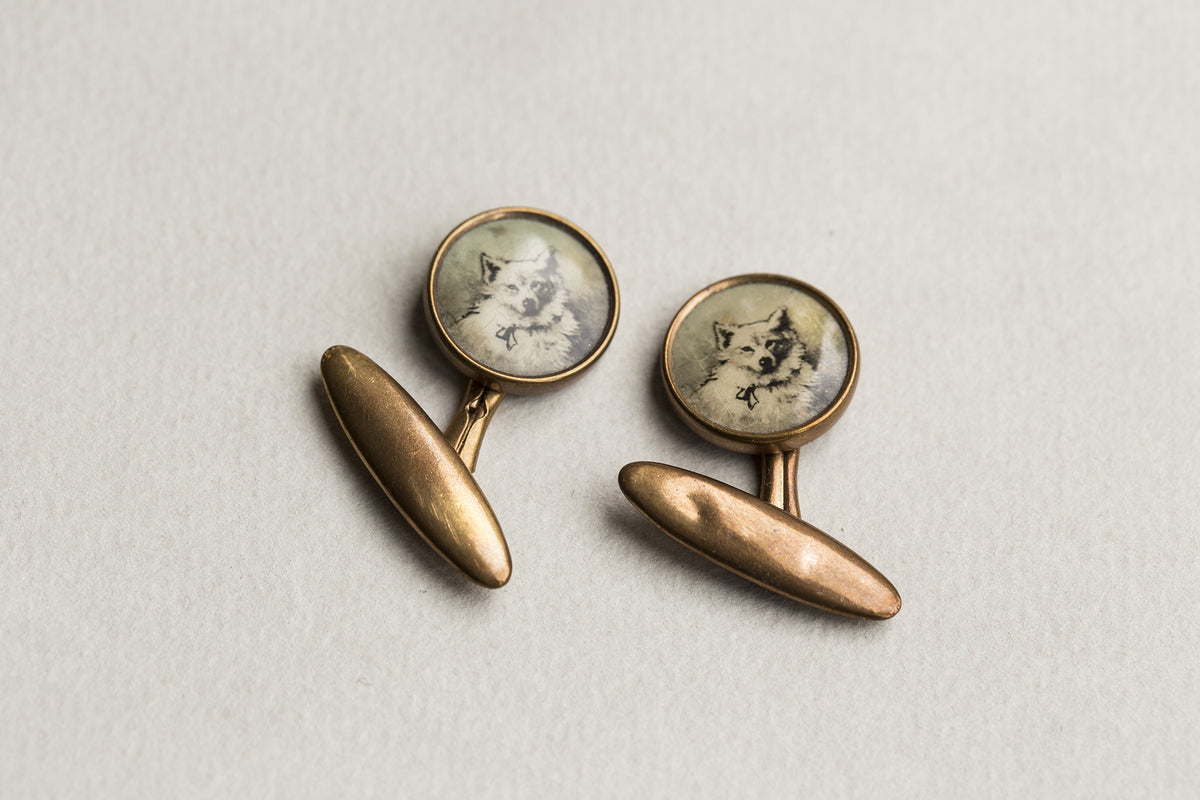 Vintage 1930 White Dog Samoyed Portrait Cufflinks From Up Close