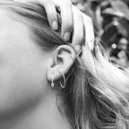 pictured on model from left: felt safety pin drop earrings, Yoriko Mitsuhashi large beaded hoop and small beaded hoop, all avaialble at feltlondon.com