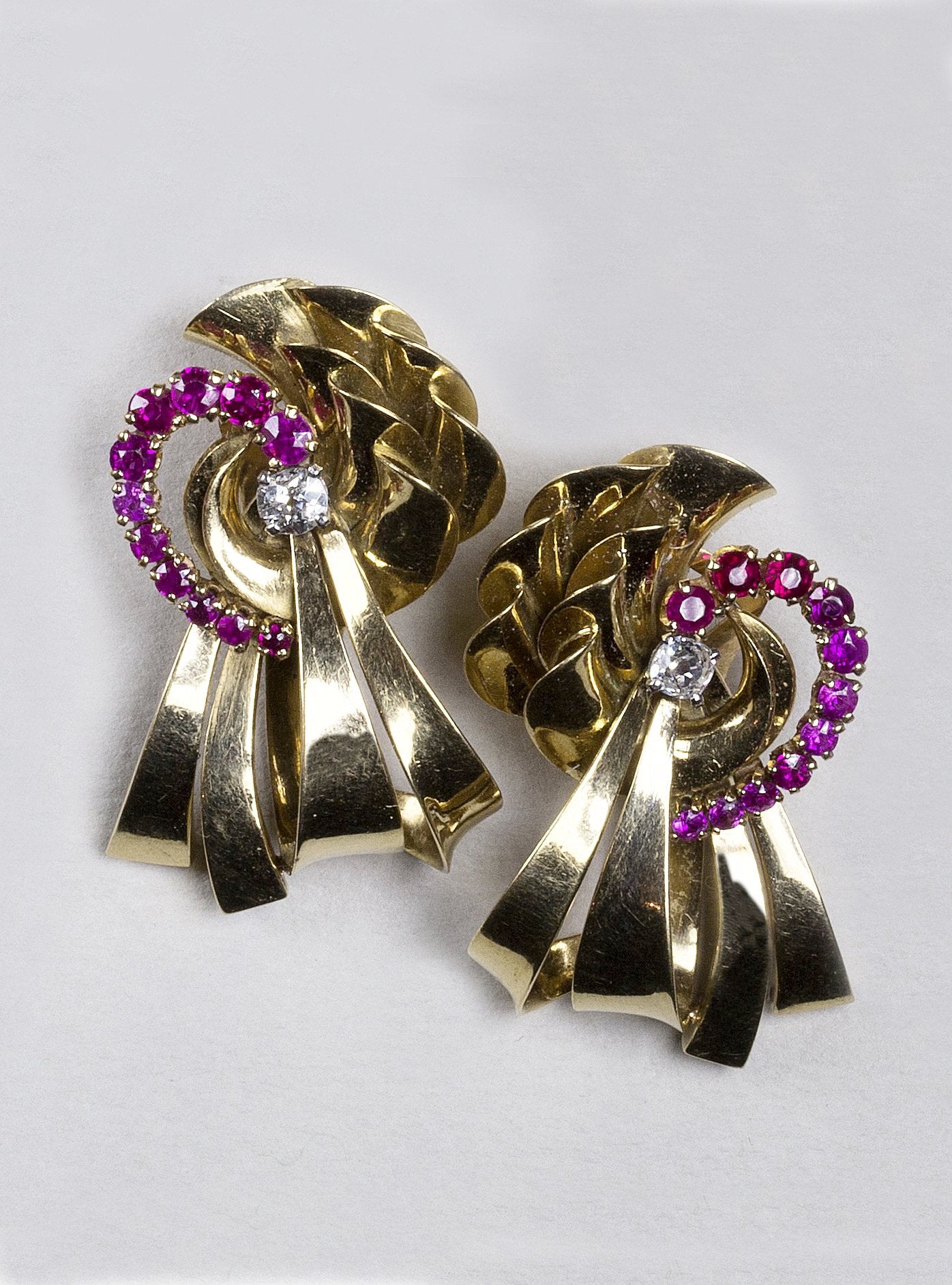 Vintage Gold Ribbon, Ruby and Diamond Earrings